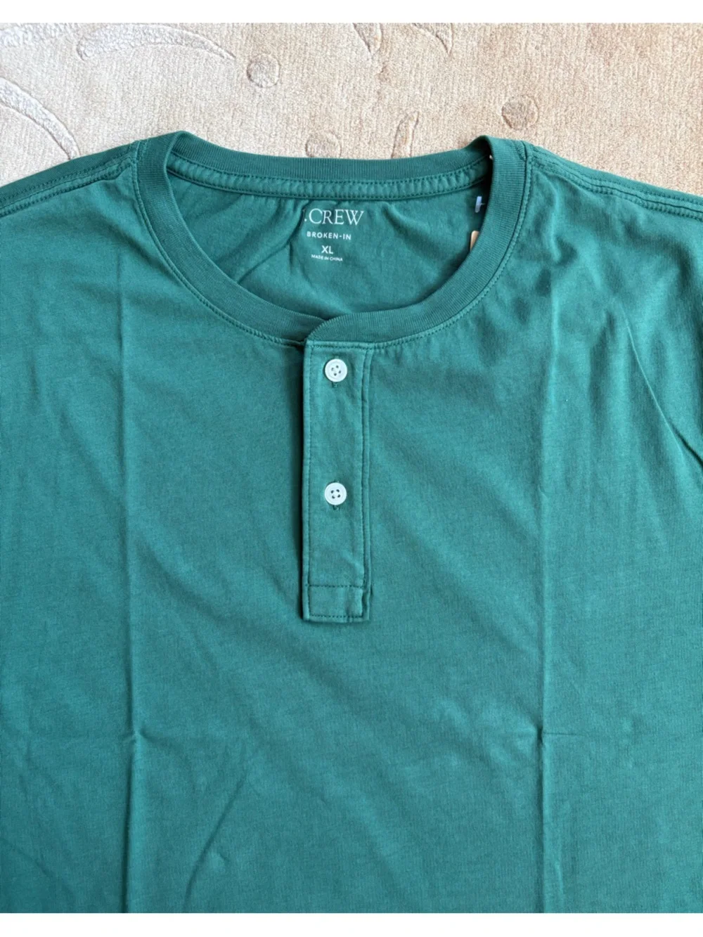 NWT, J. Crew Dark Green Broken In Short-Sleeve Henley, Cotton Jersey, Size XL